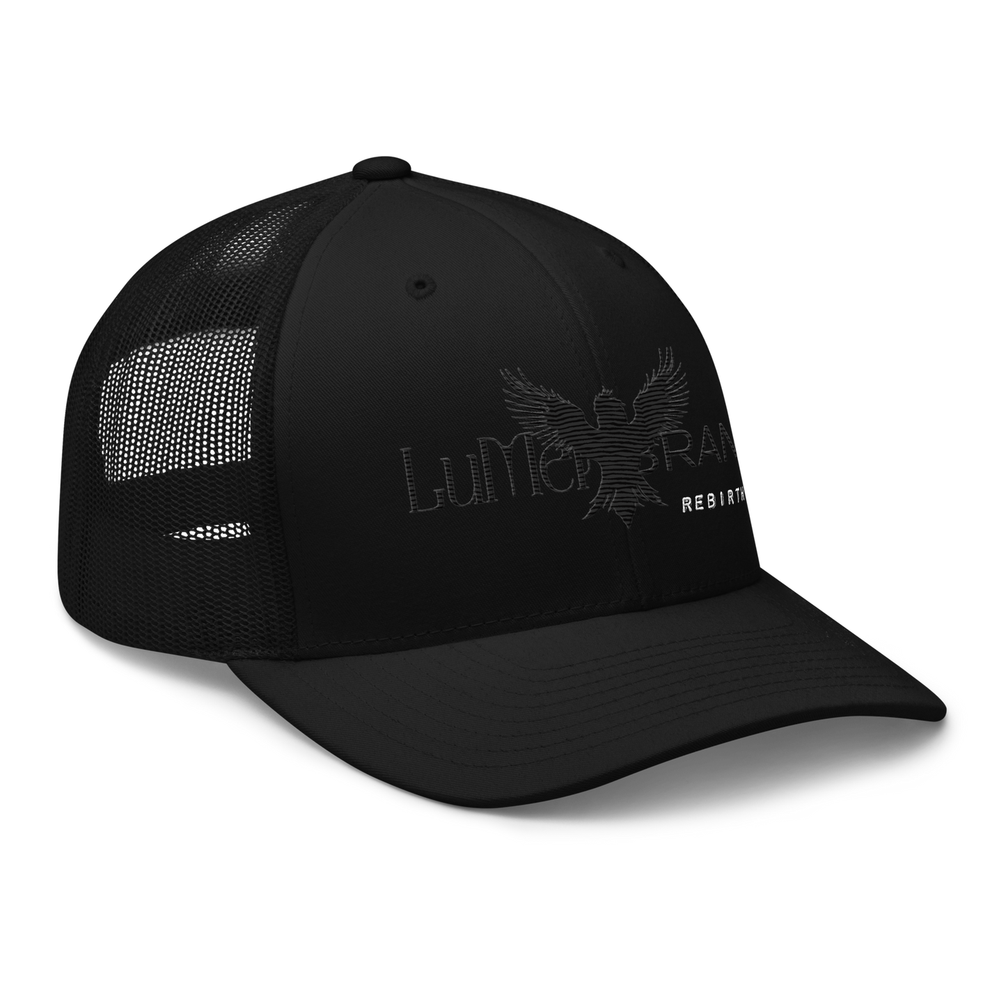 Black Trucker Hat – LuMen Logo + Rebirth Rise