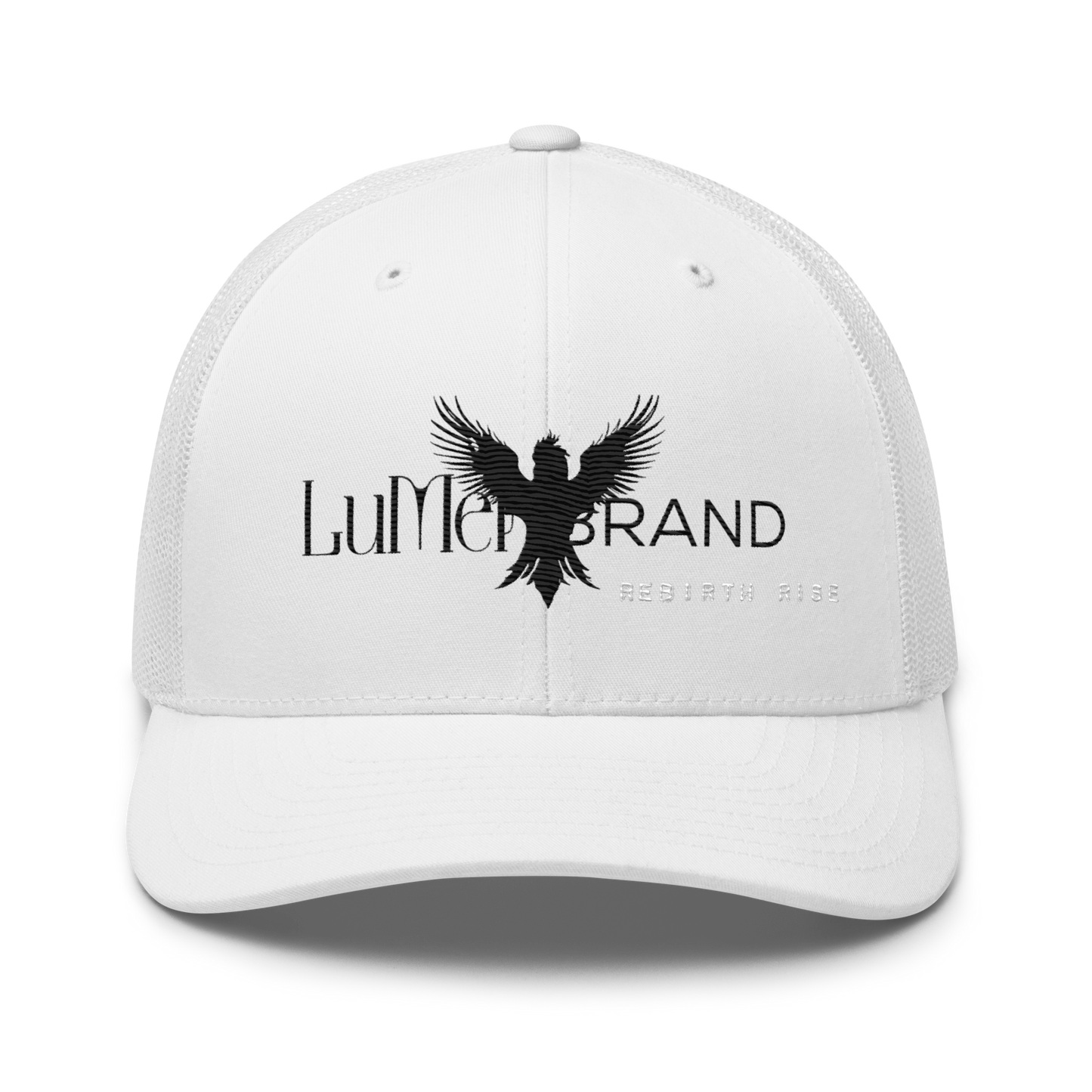 White Trucker Hat – LuMen Logo + Rebirth Rise