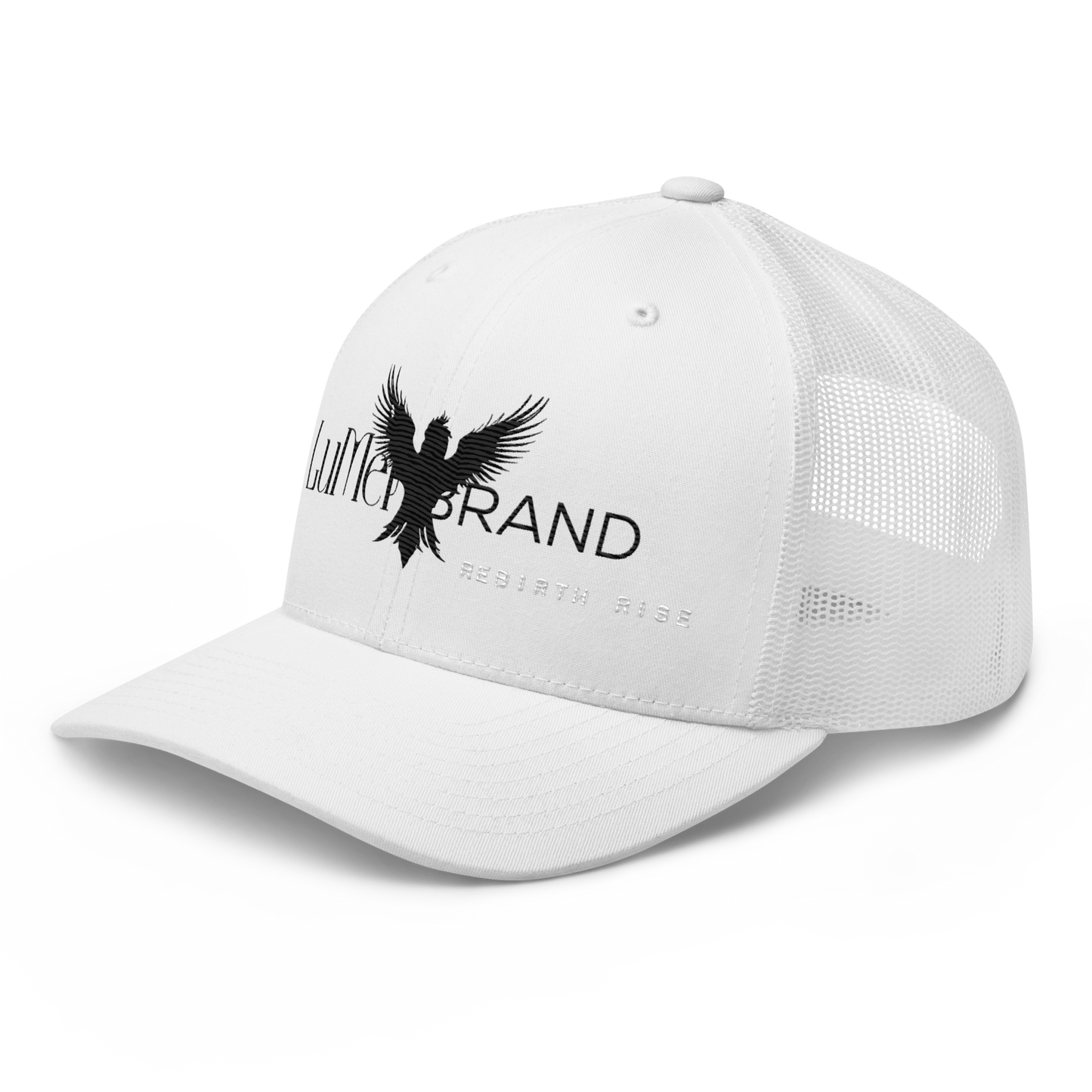 White Trucker Hat – LuMen Logo + Rebirth Rise