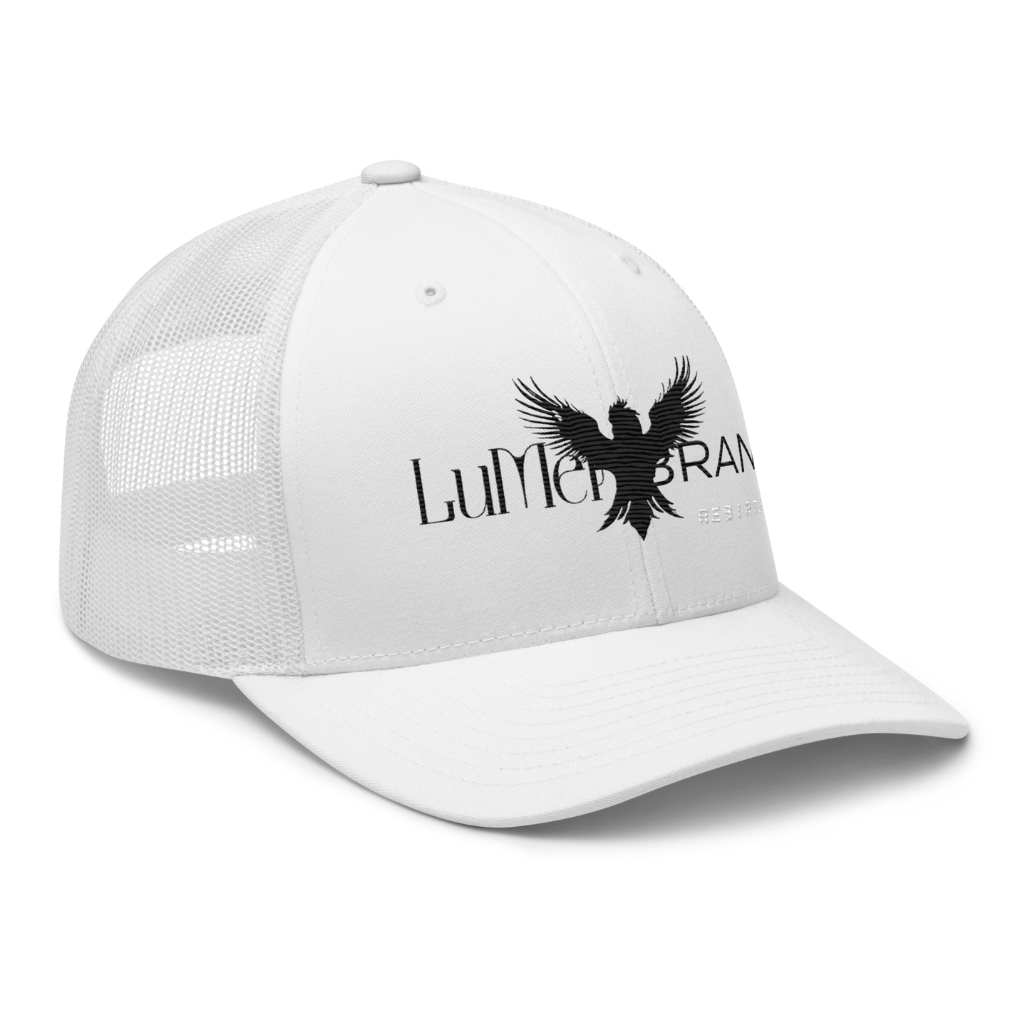 White Trucker Hat – LuMen Logo + Rebirth Rise